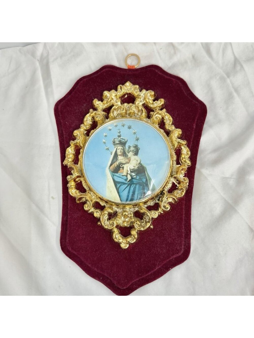 Vintage Madonna & Child Religious Wall Plaque Velvet Gold Frame Italy 11x7